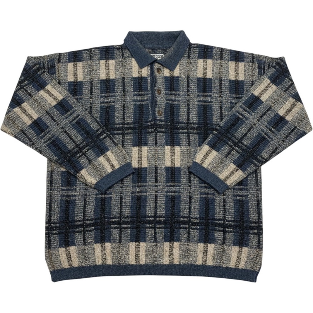 Men's Vintage‎ Italian Wool Mohair Blend Sweater Blue Cream Knit Collared Rero